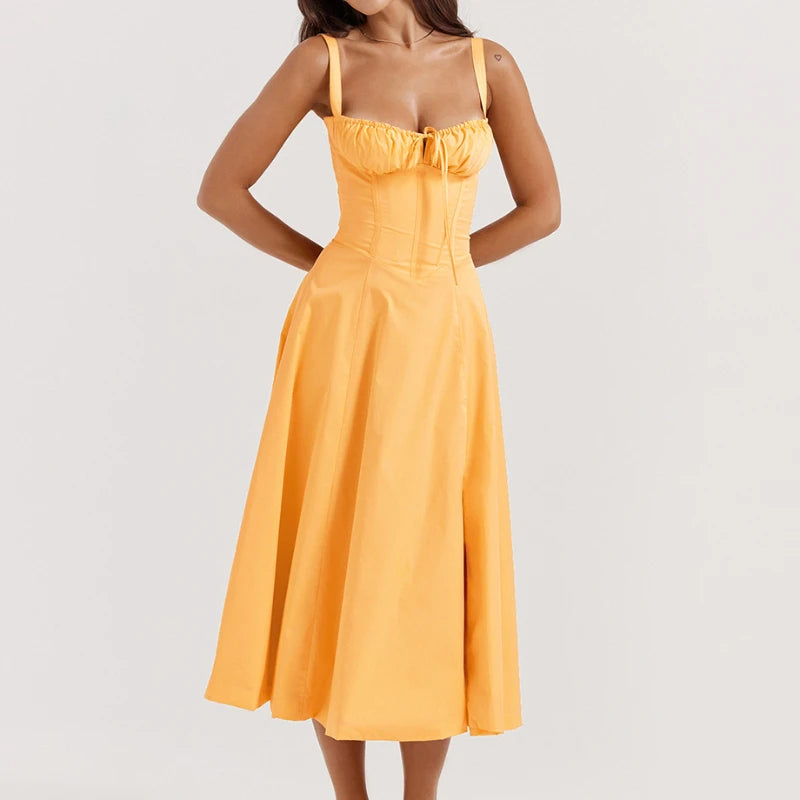 Boho Chic Women's Summer Midi Dress - Spaghetti Straps, Split Thigh, Floral Print, Vintage A-Line Beach Style