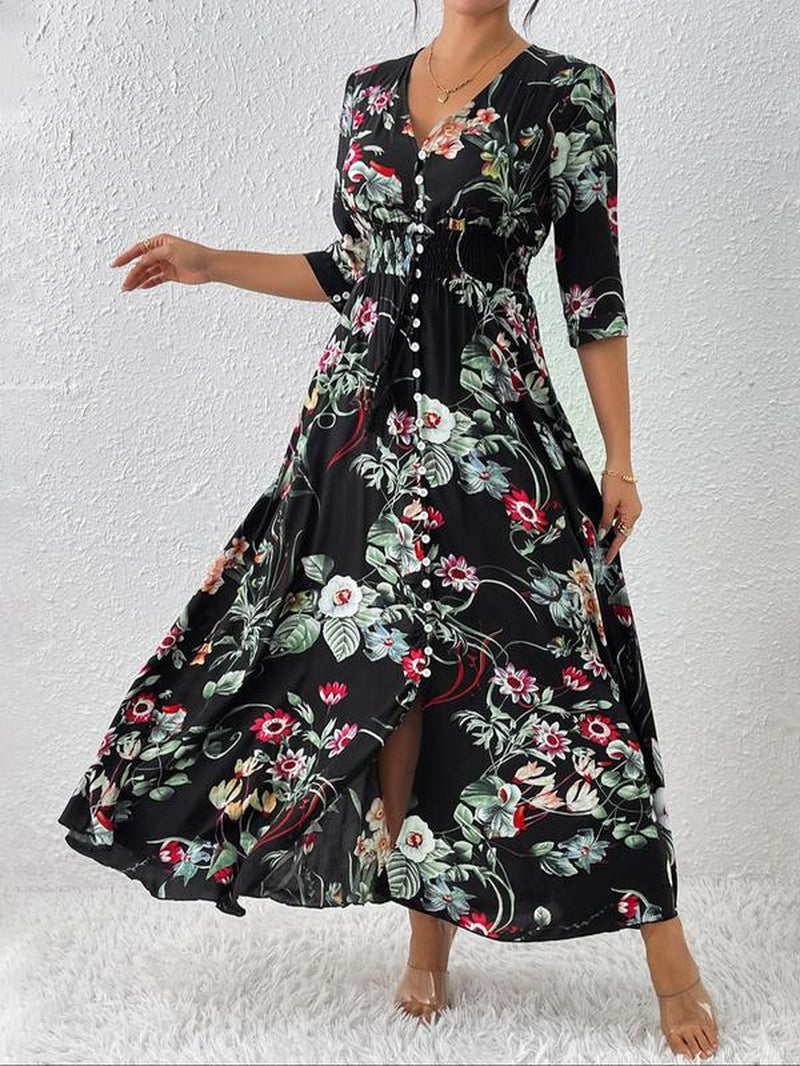 Bohemian Floral Maxi Dress for Women - Summer V-Neck A-Line Beachwear, Vintage Holiday Ensemble 2024